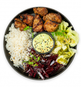 Burrito Bowl with grilled pork, beet salsa, and avocado sauce